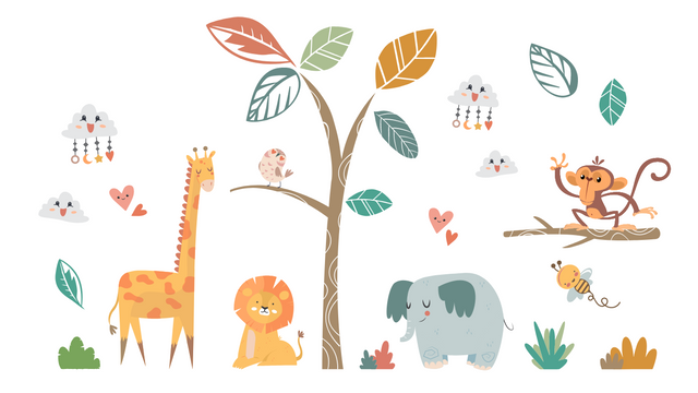 Large Safari Tree Wall Decal with Adorable Animals for Baby Nursery Decor