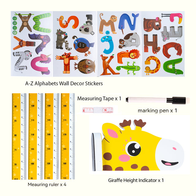 Giraffe Themed Magnetic Height Growth Chart for Kids with Animal Alphabet Stickers