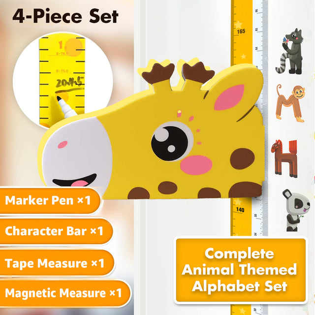 Set of animal-themed kids height chart including a marker pen, character bar, tape measure, and magnetic measure