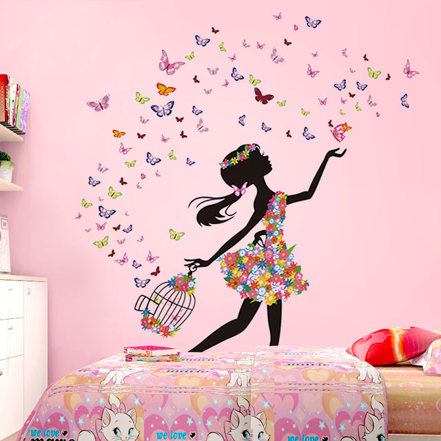 DEKOSH Girl Wall Decals for Baby Nursery | Black Girl with Cage & Butterflies