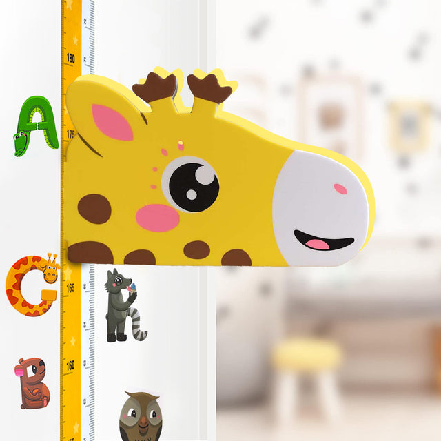 Giraffe-shaped growth chart with cartoon animals