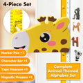 Set of animal-themed kids height chart including a marker pen, character bar, tape measure, and magnetic measure
