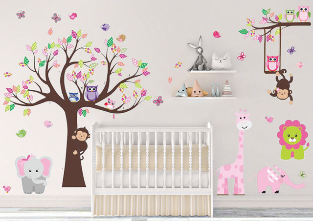 Pink Jungle Theme Peel & Stick Girl Nursery Wall Decals for Baby Nursery, Kids Playroom
