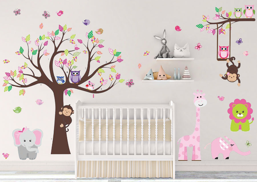 Pink Jungle Theme Peel & Stick Girl Nursery Wall Decals for Baby Nursery, Kids Playroom